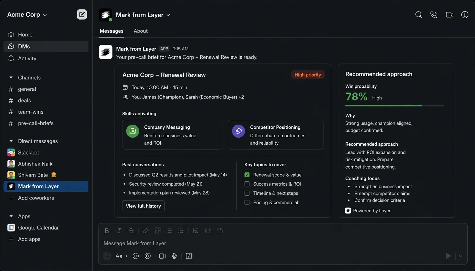 Prepare workflow showing conversation context and next-best actions